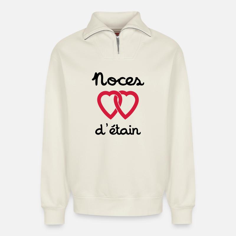 Noces d'étain - Sweat unisexe décontracté en coton biologique à demi-zip – de SPREAD - blanc cassé
