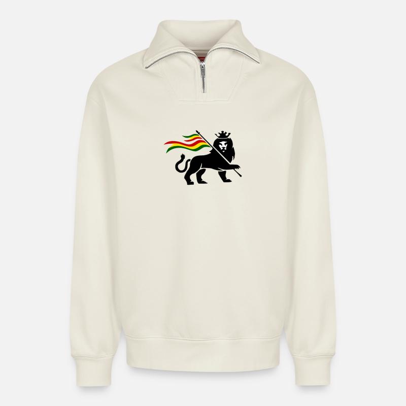 Rasta Fahnenlöwe - Relaxed Unisex Organic Half Zip Sweatshirt – von SPREAD - Naturweiß