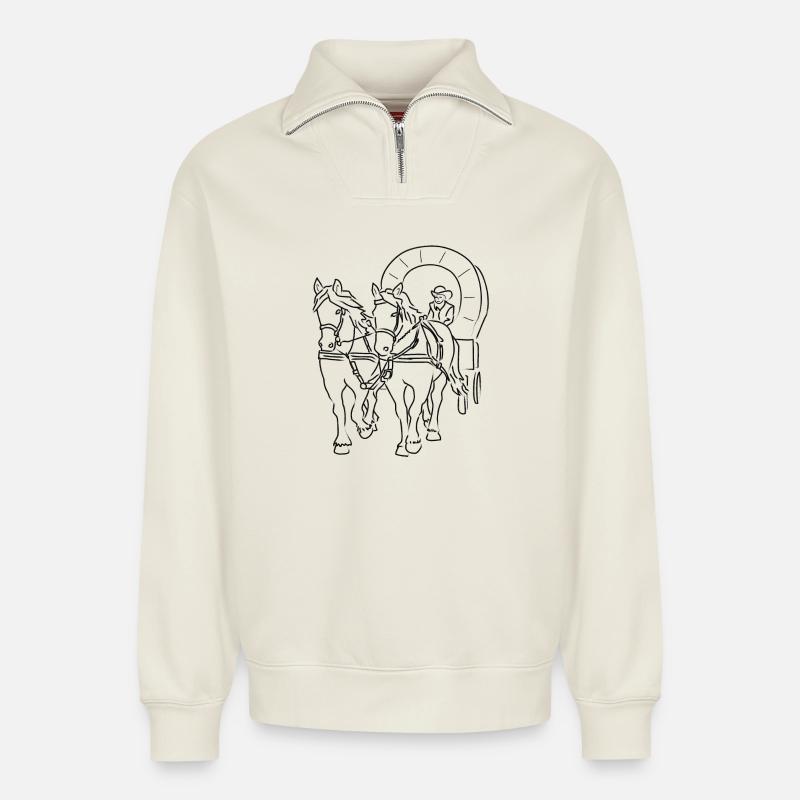 cheval - Sweat unisexe décontracté en coton biologique à demi-zip – de SPREAD - blanc cassé