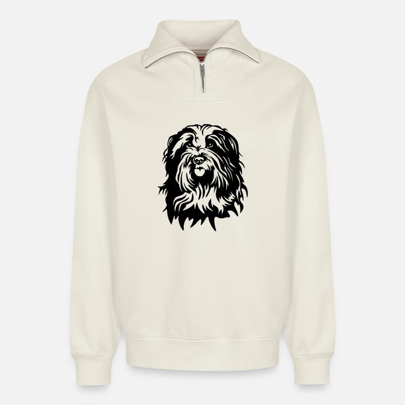 Tête de Schapendoe - Sweat unisexe décontracté en coton biologique à demi-zip – de SPREAD - blanc cassé
