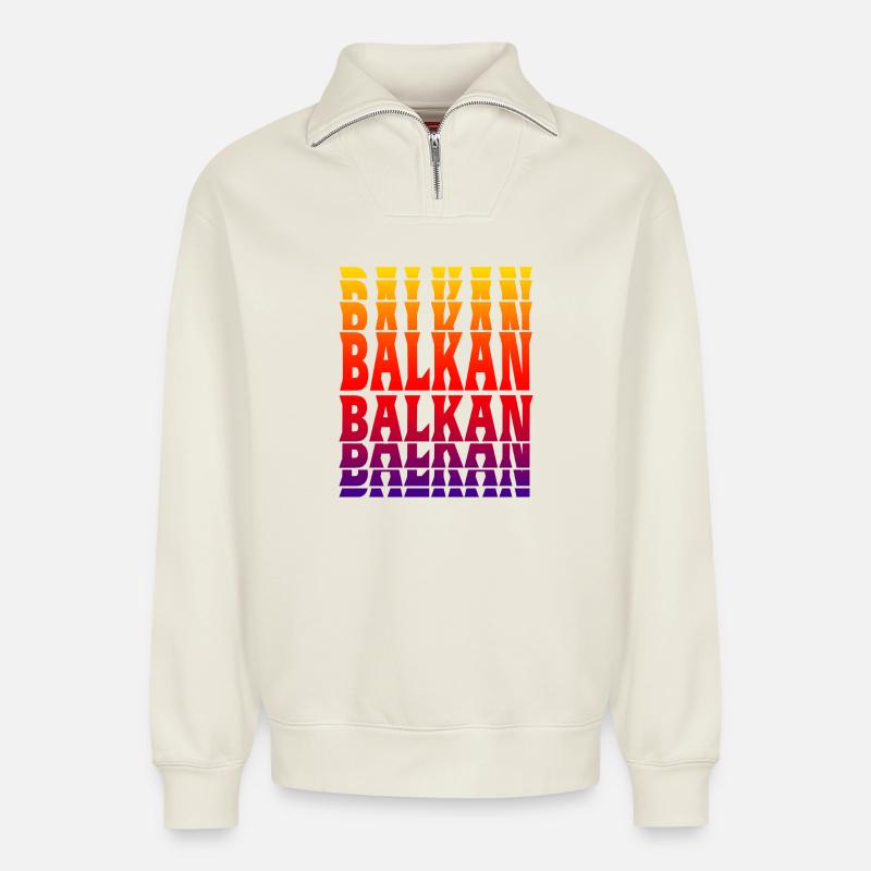 Design des Balkans - Sweat unisexe décontracté en coton biologique à demi-zip – de SPREAD - blanc cassé
