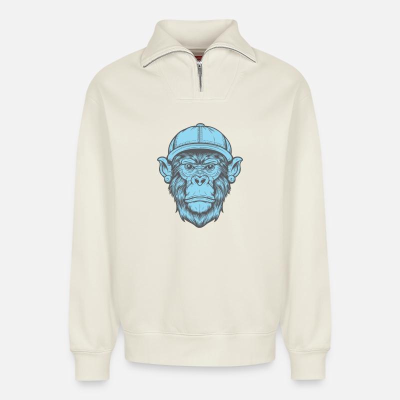 Singe Funky - Sweat unisexe décontracté en coton biologique à demi-zip – de SPREAD - blanc cassé