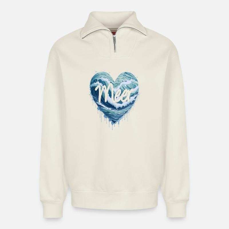 Das Meer im Herzen - Relaxed Unisex Organic Half Zip Sweatshirt – von SPREAD - Naturweiß