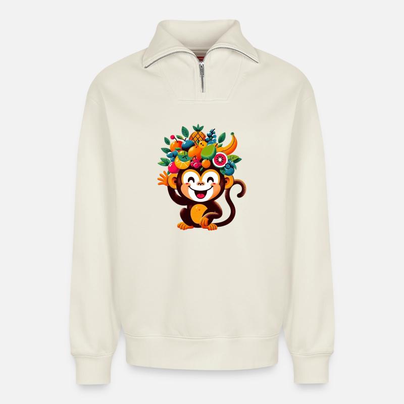 Singe - Sweat unisexe décontracté en coton biologique à demi-zip – de SPREAD - blanc cassé