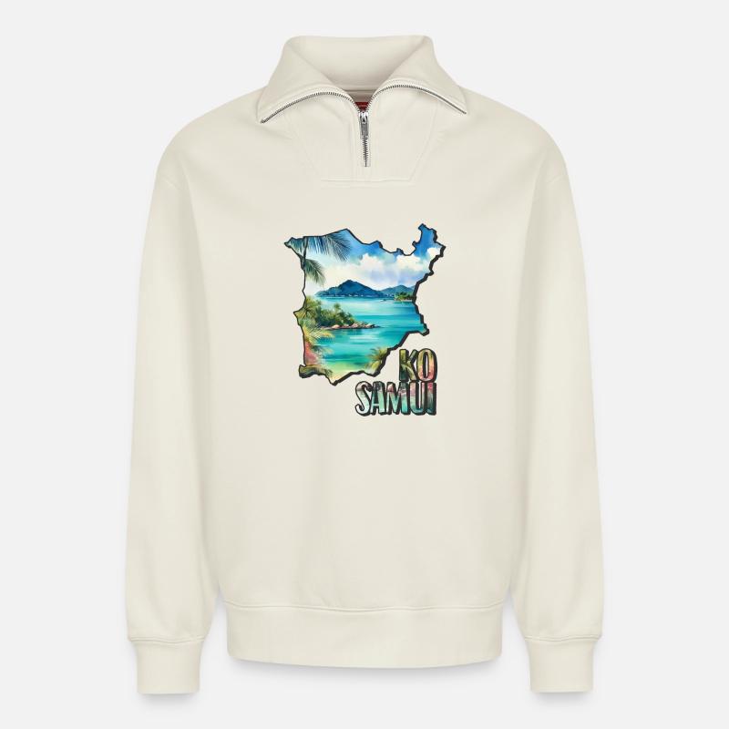 Carte aquarelle Ko Samui - Sweat unisexe décontracté en coton biologique à demi-zip – de SPREAD - blanc cassé