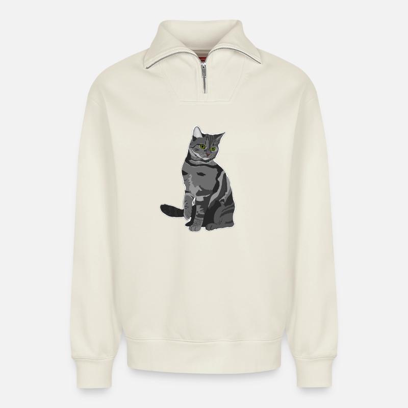 Graue Katze - Relaxed Unisex Organic Half Zip Sweatshirt – von SPREAD - Naturweiß