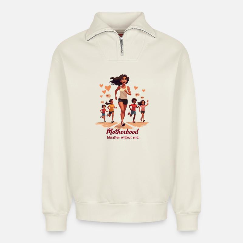 Muttersein: Marathon ohne Ende. - Relaxed Unisex Organic Half Zip Sweatshirt – von SPREAD - Naturweiß