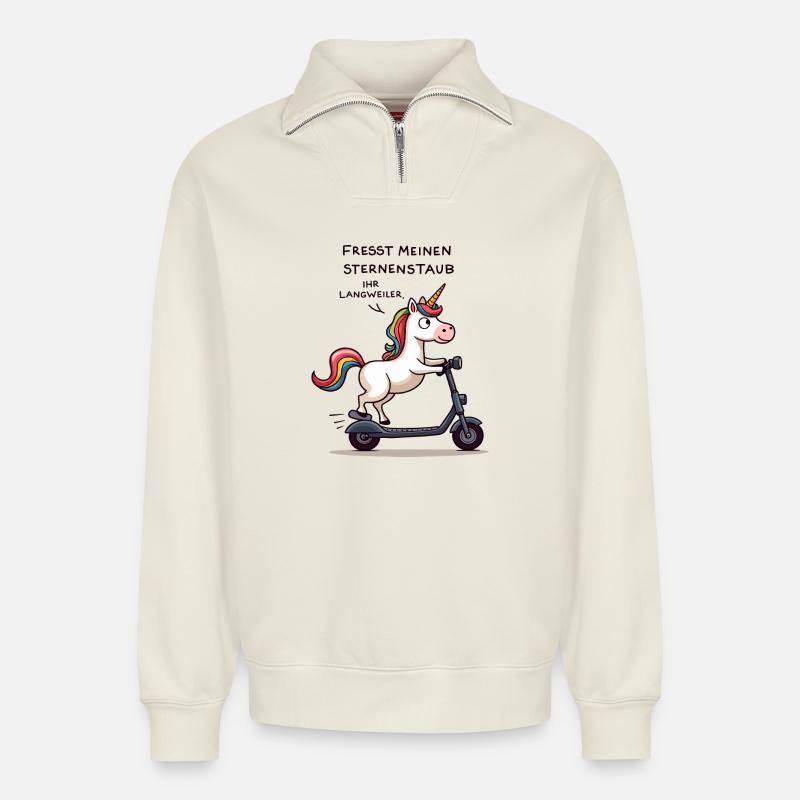 Roller-Einhorn - Relaxed Unisex Organic Half Zip Sweatshirt – von SPREAD - Naturweiß