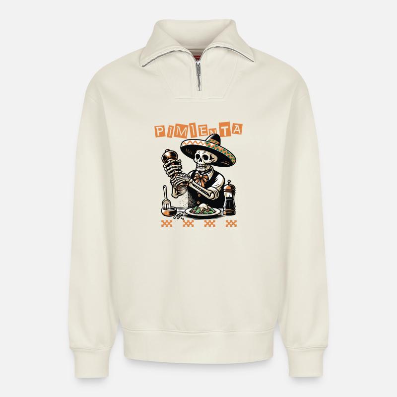 Crâne de piment mariachi - Sweat unisexe décontracté en coton biologique à demi-zip – de SPREAD - blanc cassé