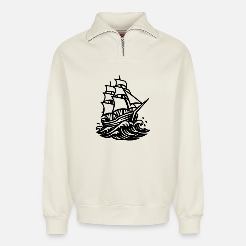Sailing ship - Relaxed Unisex Organic Half Zip Sweatshirt – by SPREAD - off white