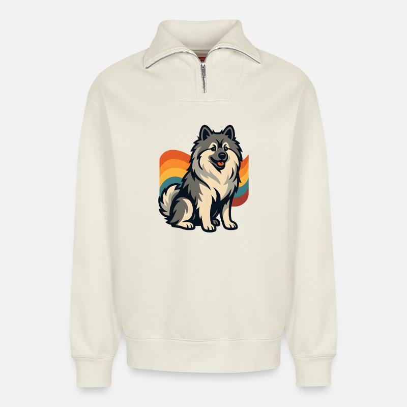 Deutscher Spitz Hund im Regenbogen Hintergrund - Relaxed Unisex Organic Half Zip Sweatshirt – von SPREAD - Naturweiß
