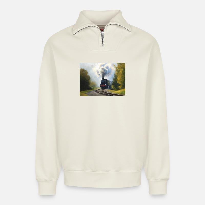 Herbstliche Dampfeisenbahn im Wald - Relaxed Unisex Organic Half Zip Sweatshirt – von SPREAD - Naturweiß