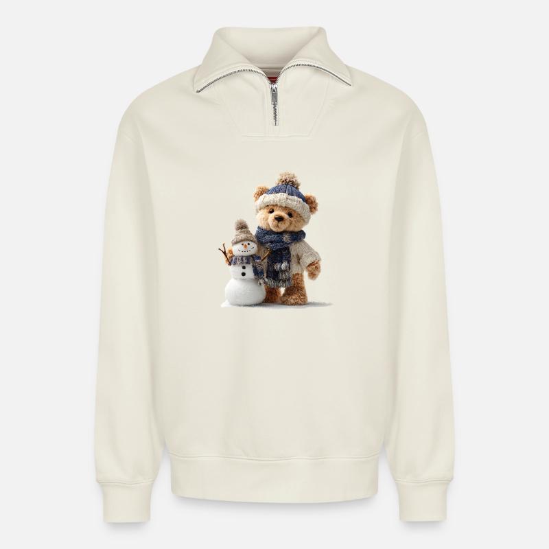 Teddybär baut einen Schneemann - Relaxed Unisex Organic Half Zip Sweatshirt – von SPREAD - Naturweiß
