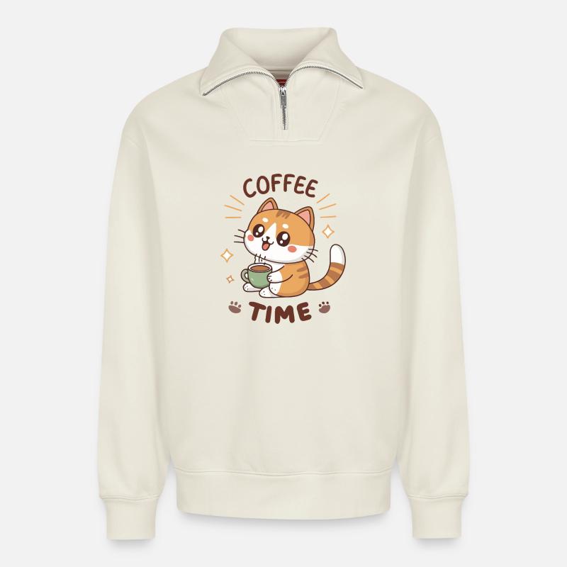 Chat Café Latte Mignon - Sweat unisexe décontracté en coton biologique à demi-zip – de SPREAD - blanc cassé