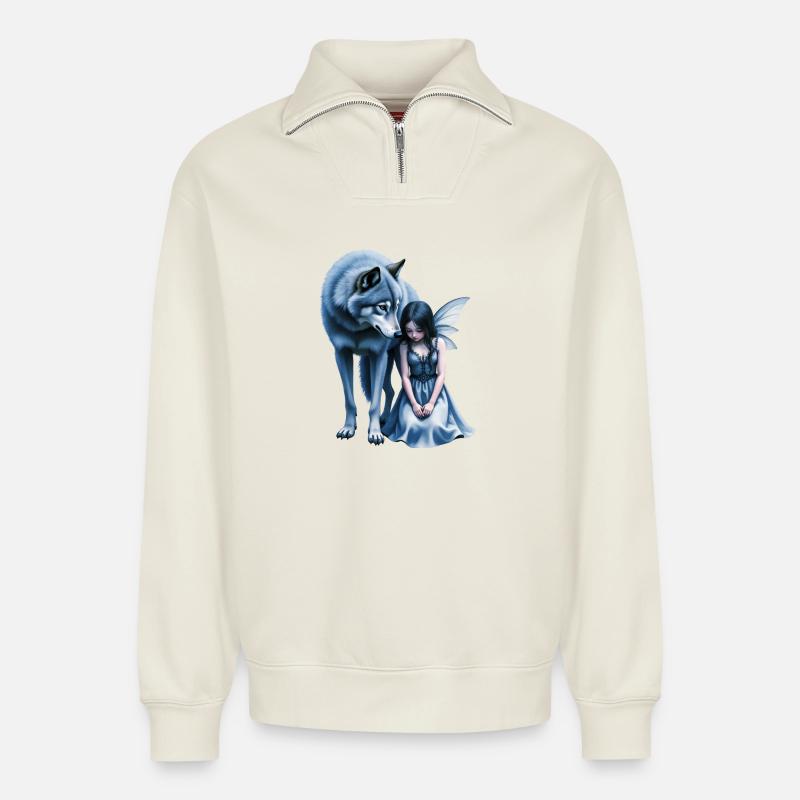 Blauer Wolf und Nachtfee - Relaxed Unisex Organic Half Zip Sweatshirt – von SPREAD - Naturweiß