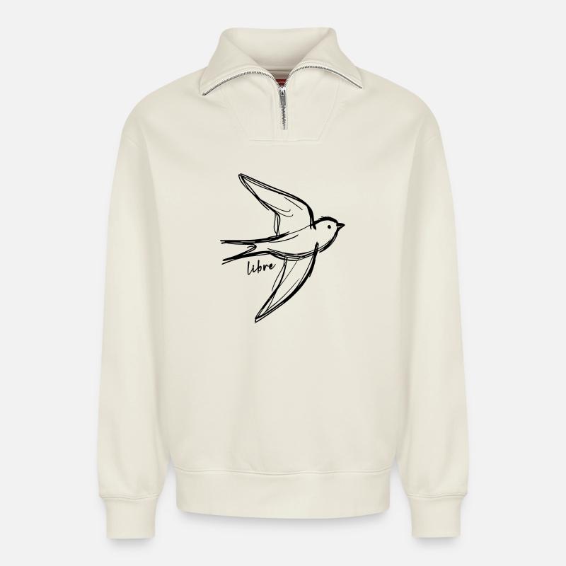Oiseau libre - Sweat unisexe décontracté en coton biologique à demi-zip – de SPREAD - blanc cassé