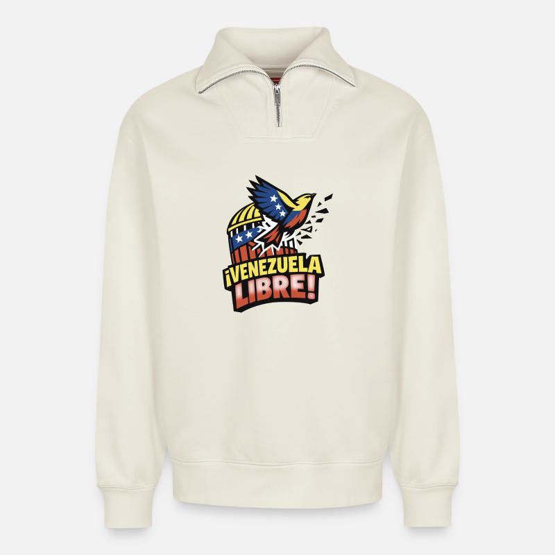 Venezuela libre - Sweat unisexe décontracté en coton biologique à demi-zip – de SPREAD - blanc cassé