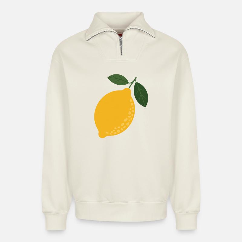 Zitrone & Blätter Illustration - Relaxed Unisex Organic Half Zip Sweatshirt – von SPREAD - Naturweiß