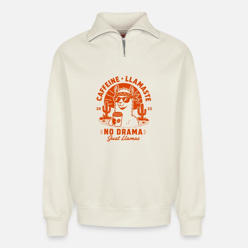 No Prob Llama Chill Spruch - Relaxed Unisex Organic Half Zip Sweatshirt – von SPREAD - Naturweiß