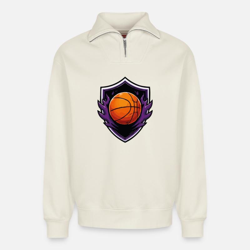 Basketball Fire Shield - Relaxed Unisex Organic Half Zip Sweatshirt – by SPREAD - off white