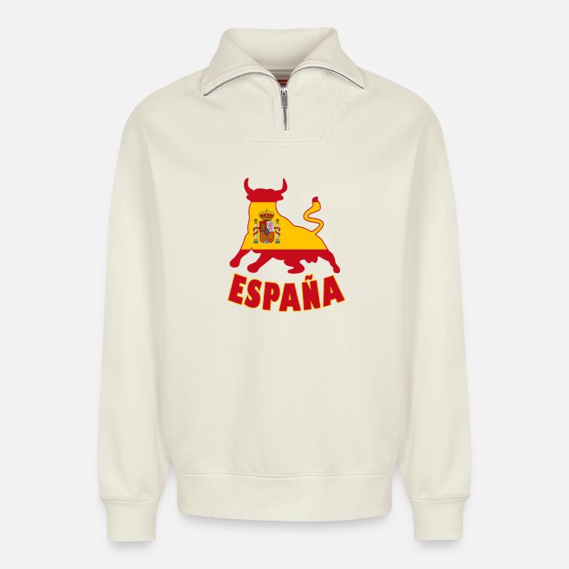 Spanischer Stier - Relaxed Unisex Organic Half Zip Sweatshirt – von SPREAD - Naturweiß
