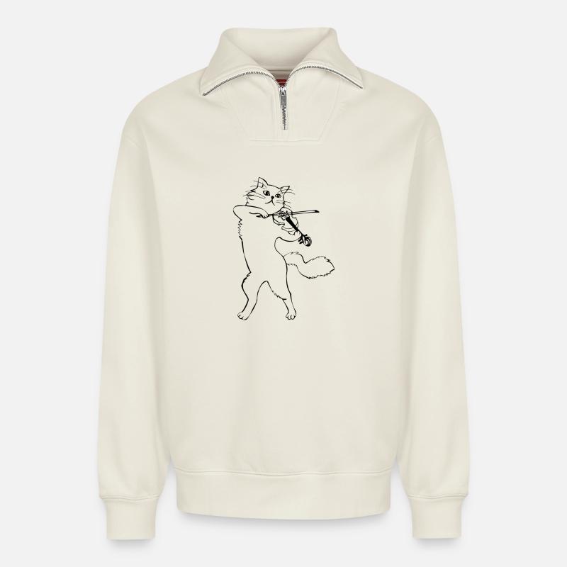 Katze mit Violine - Relaxed Unisex Organic Half Zip Sweatshirt – von SPREAD - Naturweiß