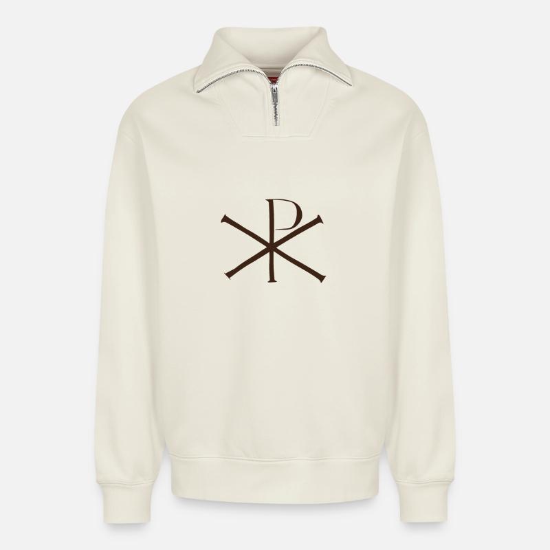 Christ Monogram XP - Relaxed Unisex Organic Half Zip Sweatshirt – by SPREAD - off white