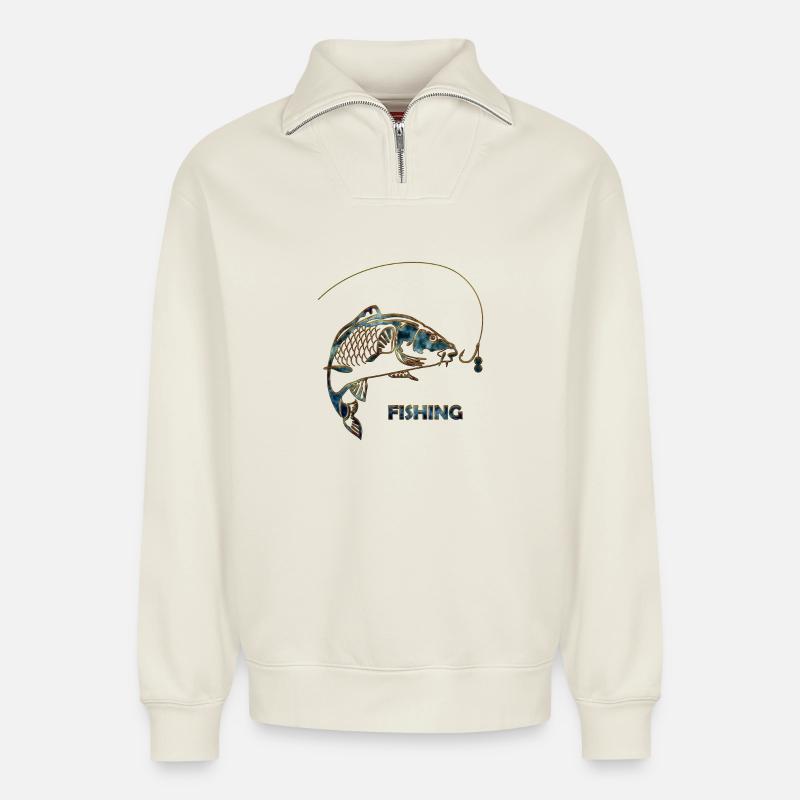 Fishing - Relaxed Unisex Organic Half Zip Sweatshirt – von SPREAD - Naturweiß