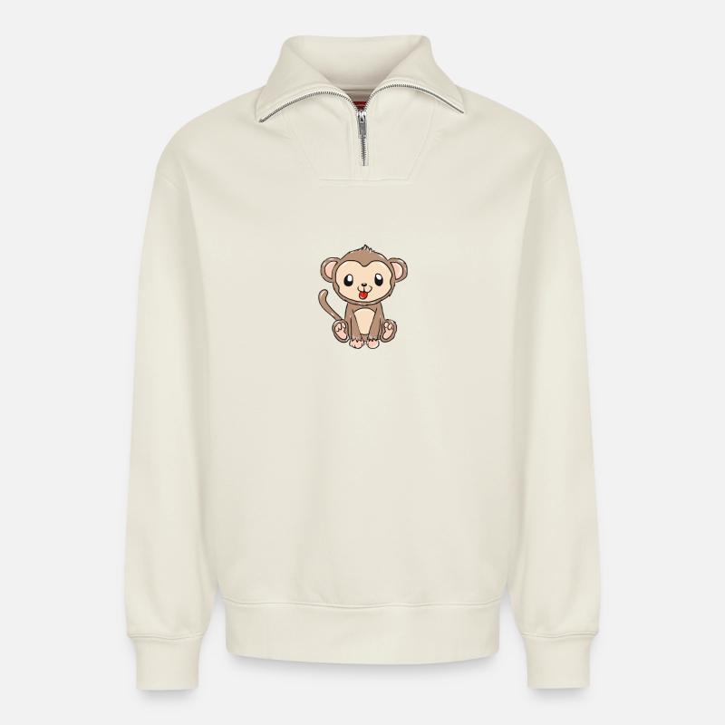singe - Sweat unisexe décontracté en coton biologique à demi-zip – de SPREAD - blanc cassé