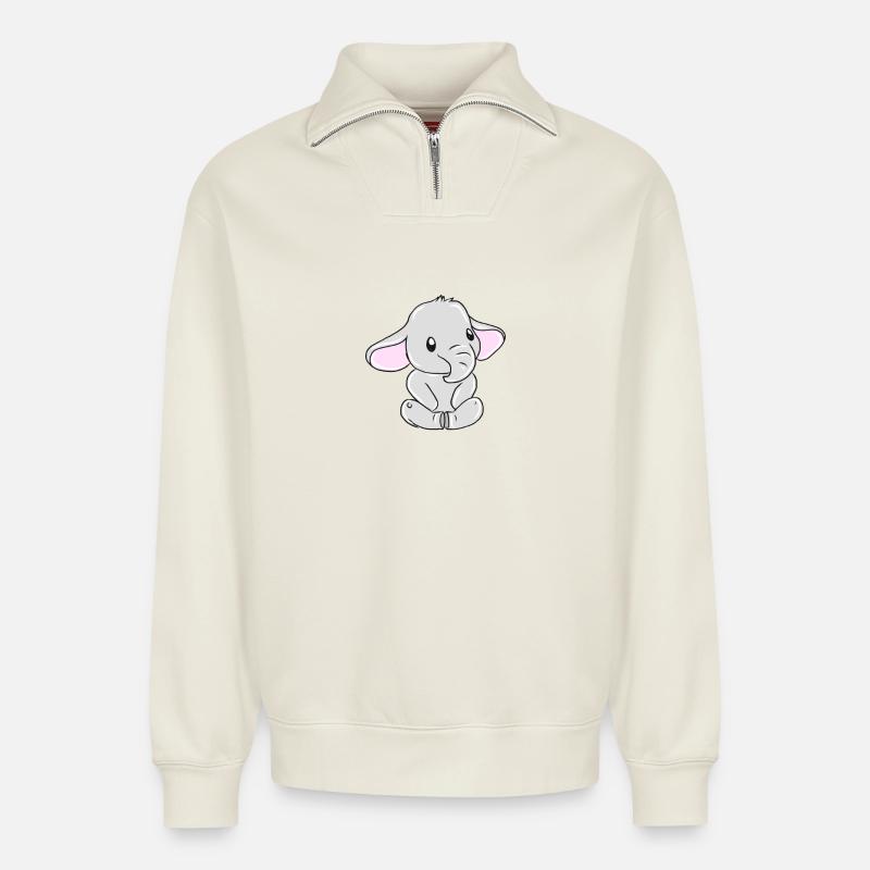 éléphant - Sweat unisexe décontracté en coton biologique à demi-zip – de SPREAD - blanc cassé