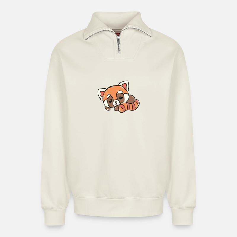 Panda rouge - Sweat unisexe décontracté en coton biologique à demi-zip – de SPREAD - blanc cassé