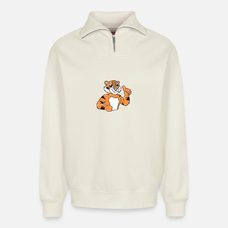 tiger - Relaxed Unisex Organic Half Zip Sweatshirt – by SPREAD - off white