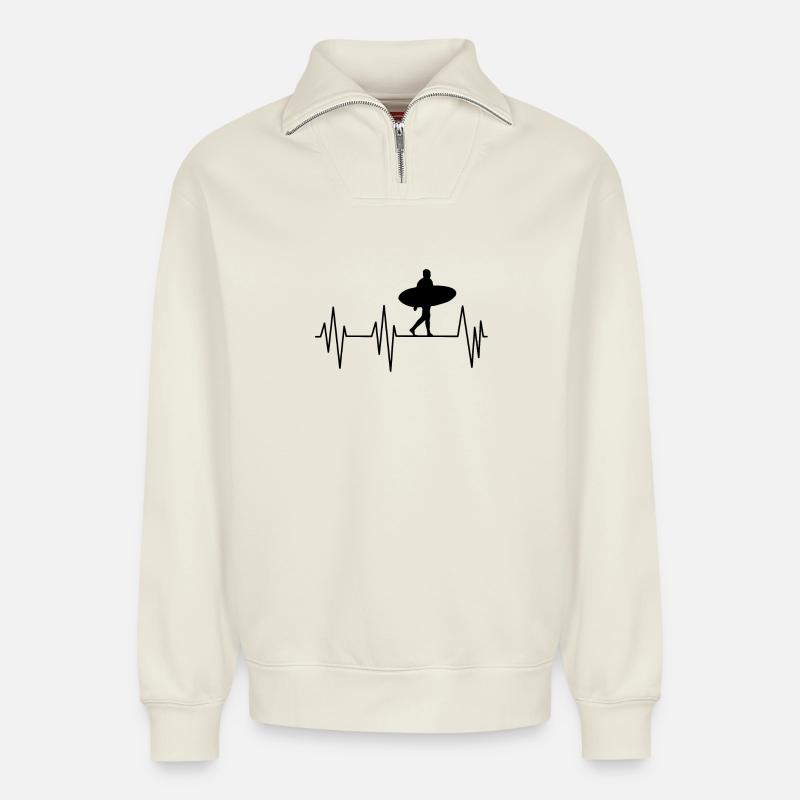 Surf Heartbeat – Surfer-Silhouette  - Relaxed Unisex Organic Half Zip Sweatshirt – von SPREAD - Naturweiß
