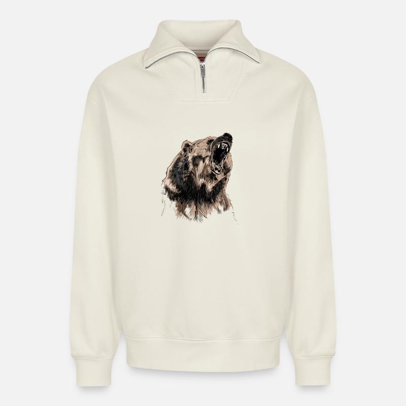 bear - Relaxed Unisex Organic Half Zip Sweatshirt – by SPREAD - off white