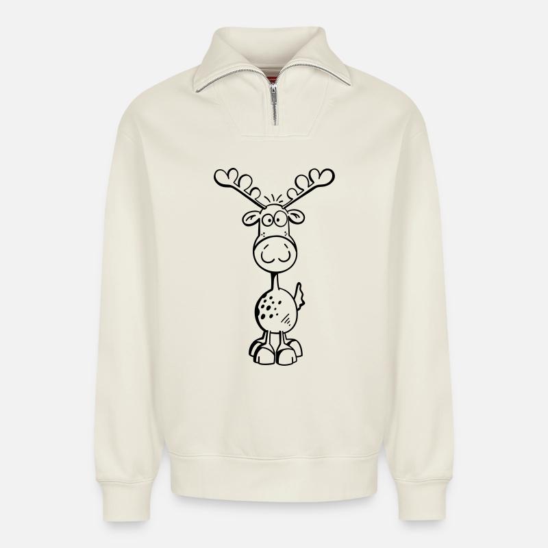 Mignon élan - Sweat unisexe décontracté en coton biologique à demi-zip – de SPREAD - blanc cassé