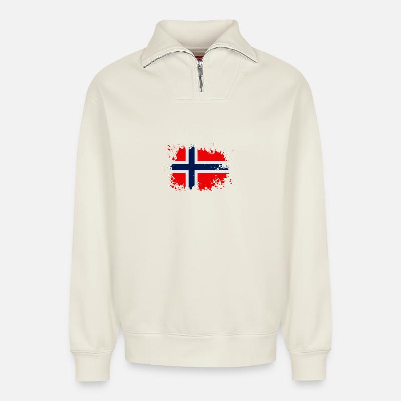 Norwegen Flagge Spritzer - Relaxed Unisex Organic Half Zip Sweatshirt – von SPREAD - Naturweiß