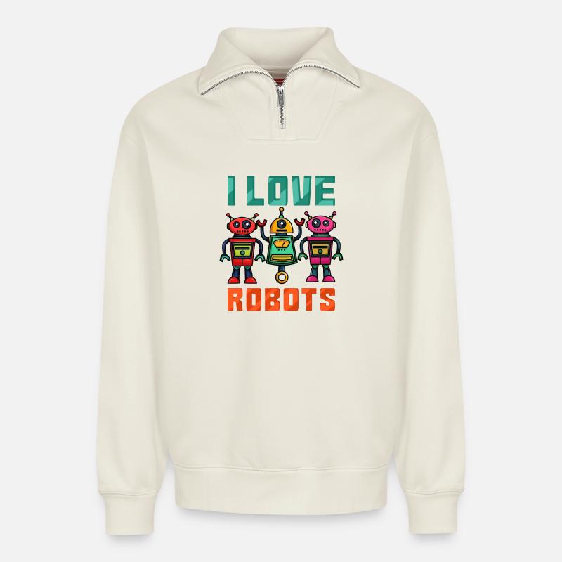 Roboter Robot - Relaxed Unisex Organic Half Zip Sweatshirt – von SPREAD - Naturweiß