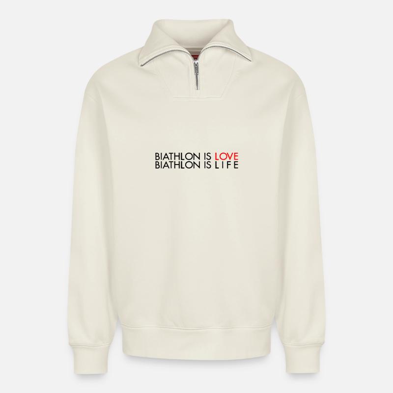 Le biathlon c'est l'amour - Sweat unisexe décontracté en coton biologique à demi-zip – de SPREAD - blanc cassé
