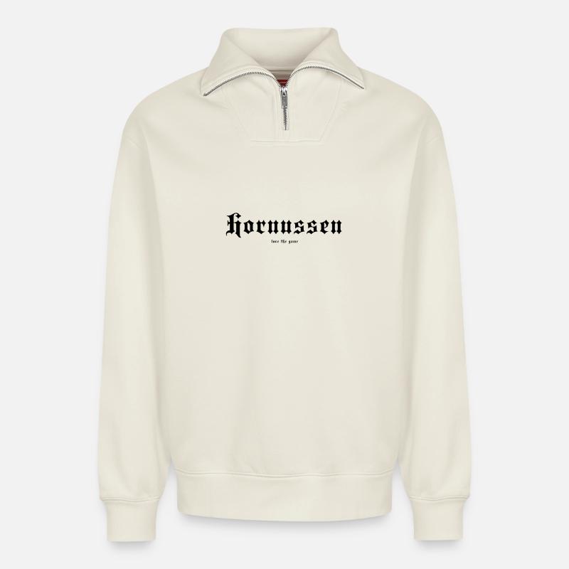 Hornussen - Relaxed Unisex Organic Half Zip Sweatshirt – von SPREAD - Naturweiß