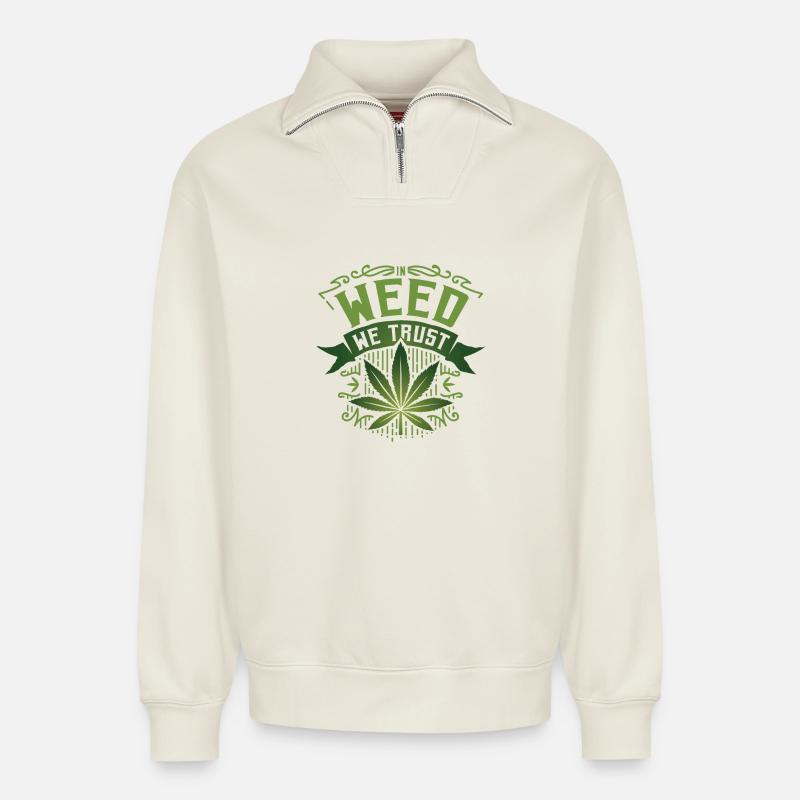Weed Trust Cannabis Design - Sweat unisexe décontracté en coton biologique à demi-zip – de SPREAD - blanc cassé