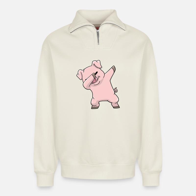 Schwein Kawaii Dabbing - Relaxed Unisex Organic Half Zip Sweatshirt – von SPREAD - Naturweiß