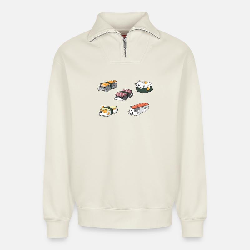 Sushi Katzen - Relaxed Unisex Organic Half Zip Sweatshirt – von SPREAD - Naturweiß