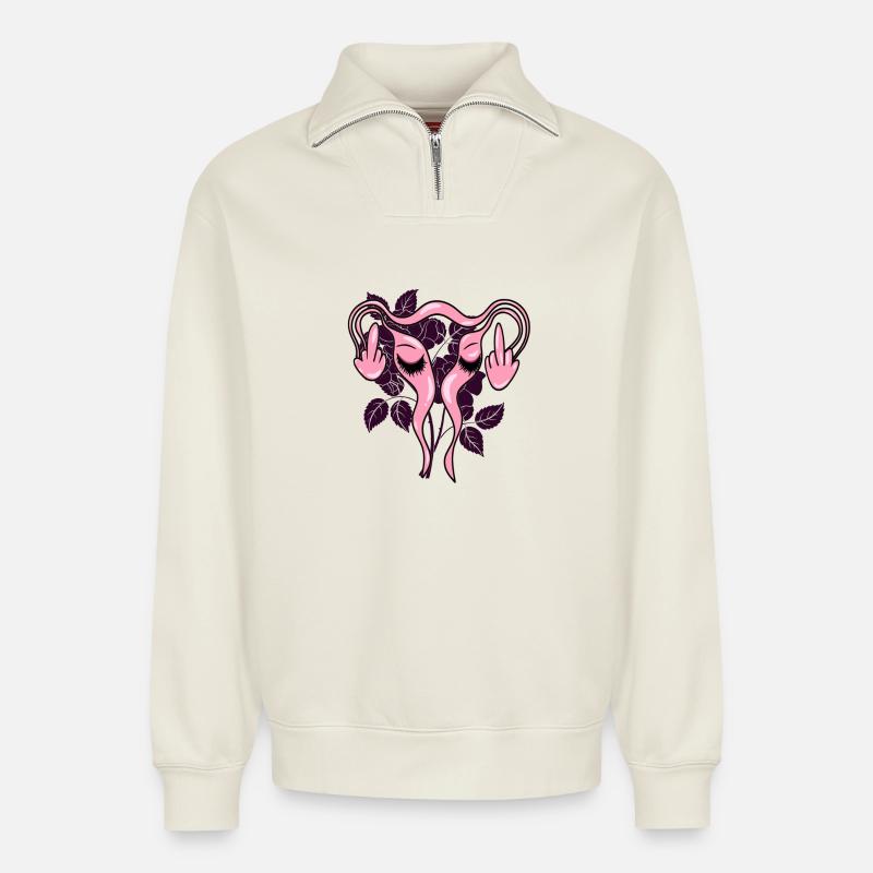 Mittelfinger Uterus Gebärmutter Pro-Choice - Relaxed Unisex Organic Half Zip Sweatshirt – von SPREAD - Naturweiß