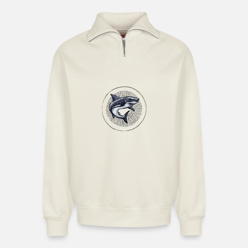 Dancing Shark - Sweat unisexe décontracté en coton biologique à demi-zip – de SPREAD - blanc cassé