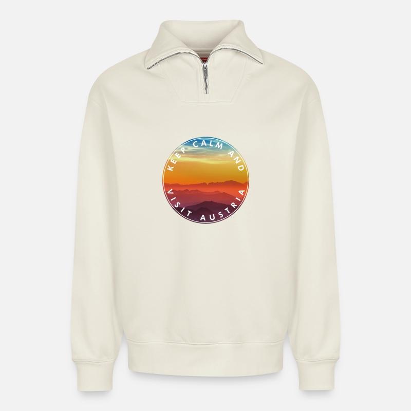 Visit Austria Sunset - Relaxed Unisex Organic Half Zip Sweatshirt – by SPREAD - off white