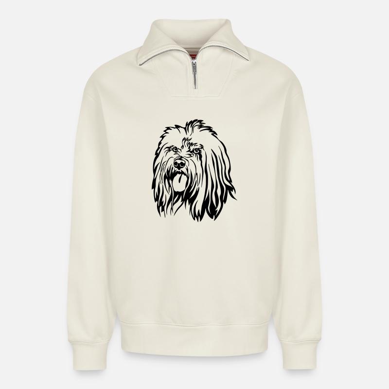 Tibet Terrier Kopf - Relaxed Unisex Organic Half Zip Sweatshirt – von SPREAD - Naturweiß