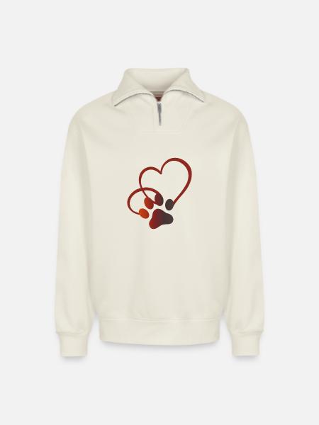 Kattepote med hjerte Kat Elsker Kat Elsker - Unisex sweatshirt i økologisk bomuld med half zip og afslappet pasform – fra SPREAD - råhvid
