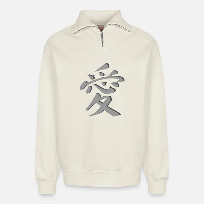 L’amour - Sweat unisexe décontracté en coton biologique à demi-zip – de SPREAD - blanc cassé