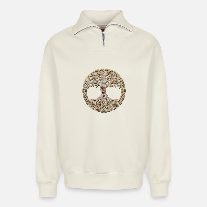 Elegant Celtic tree - Relaxed Unisex Organic Half Zip Sweatshirt – by SPREAD - off white