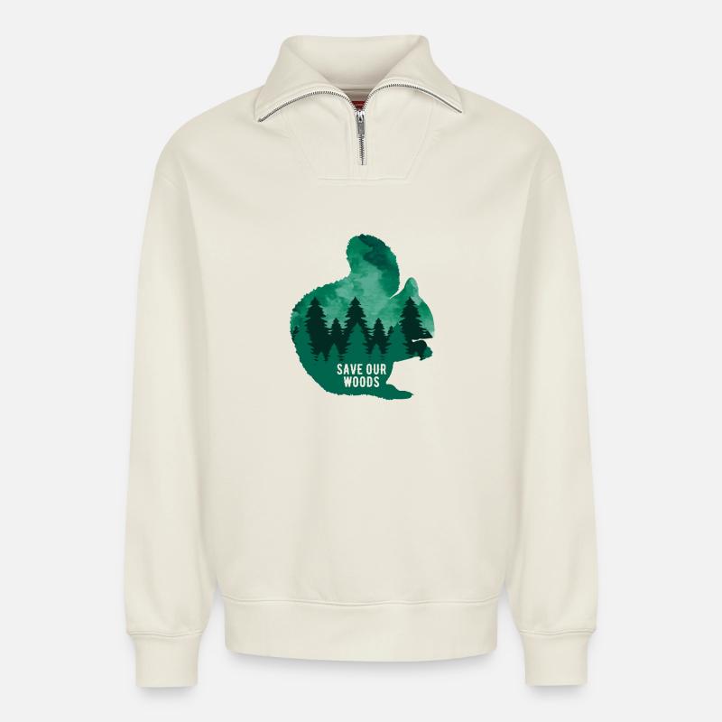 Environmental Protection Squirrel Climate Change - Relaxed Unisex Organic Half Zip Sweatshirt – by SPREAD - off white